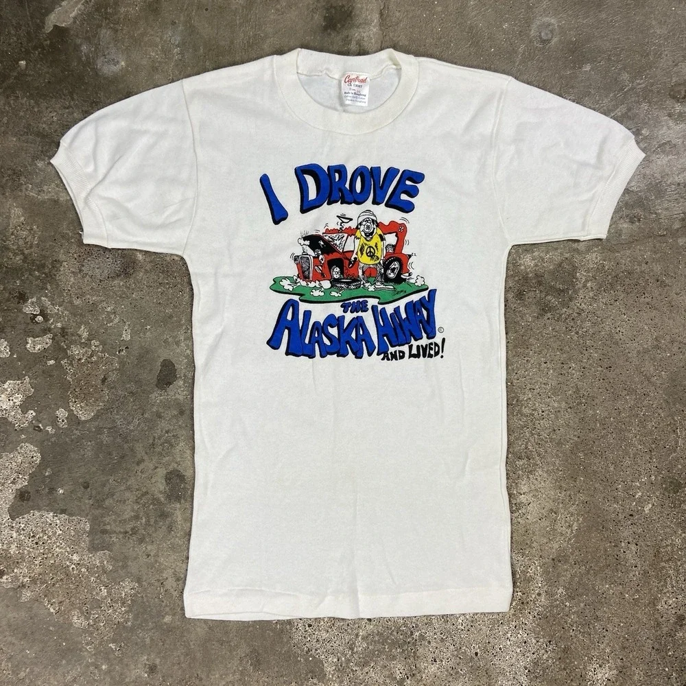 Vintage 70s I Drove The Alaska Hiway T-Shirt Size 20 White Hippy Car Graphic